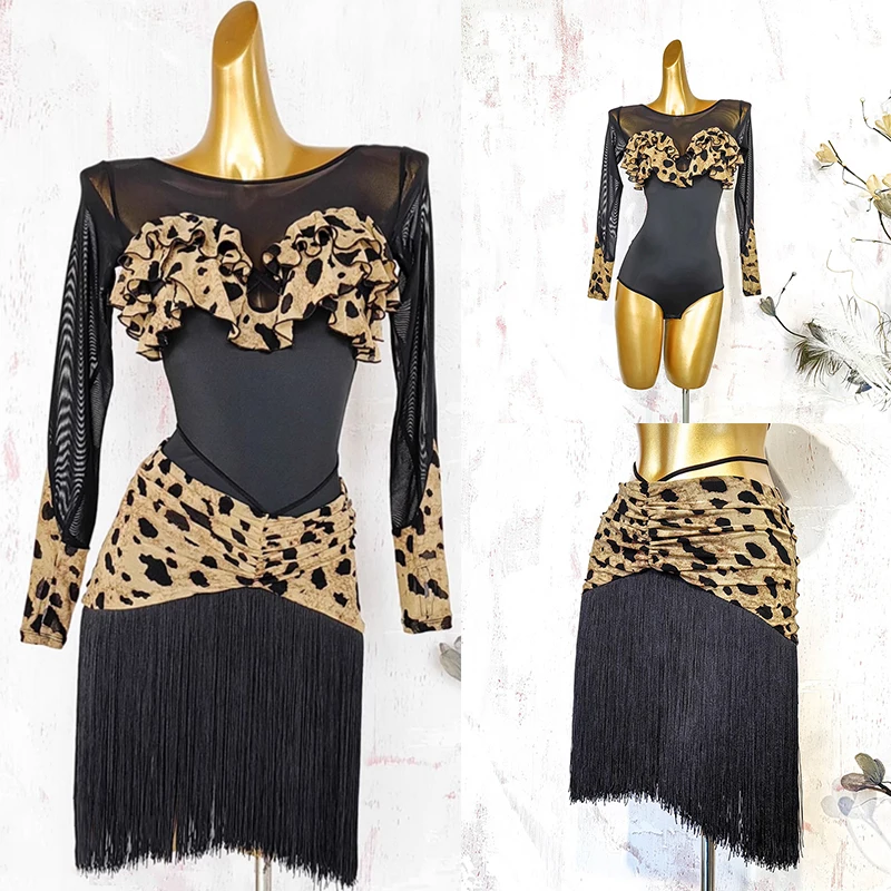 

Latin Dance Costumes Competition Women Leopard Print Long Sleeve Mesh Jumpsuit Fringe Skirt Dance Performance Clothes DN20952