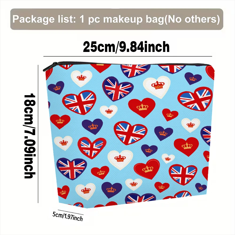 Hearts Union Jack Crowns Blue Background Makeup Bags for Girls Cosmetic Pouch Toiletry Bag Pencil Case Travel Storage