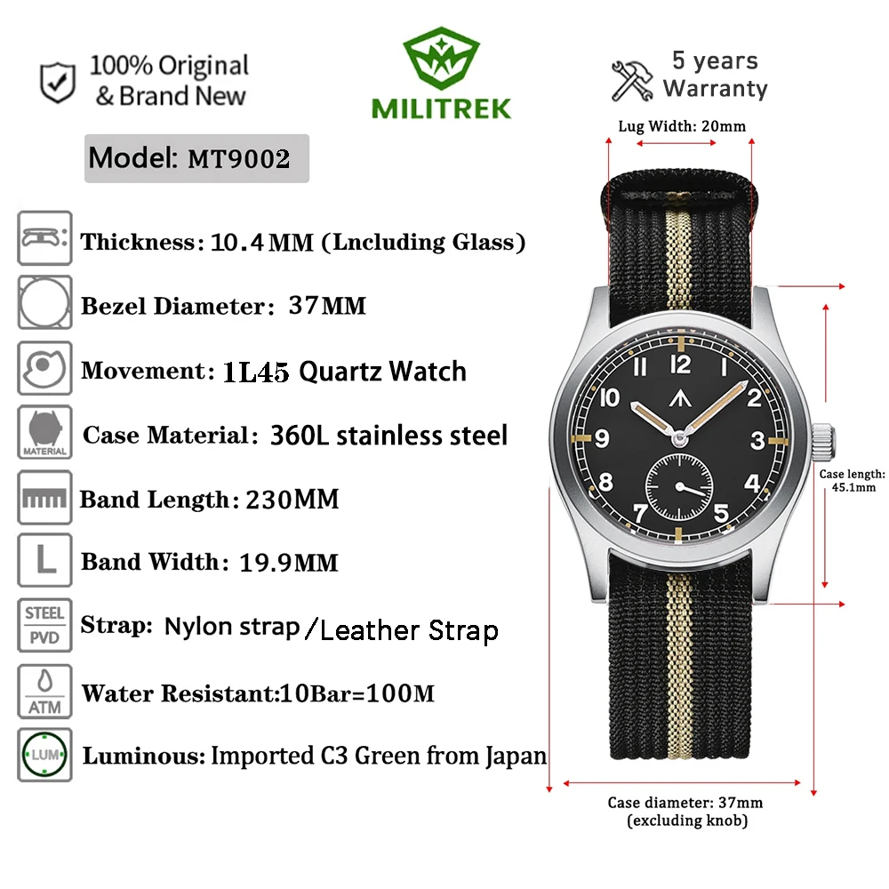 MILITREK 2025 جديد ساعة كوارتز رجالية ميوتا 1L45 37 مللي متر زجاج الياقوت العسكري مضيئة مقاوم للماء الفولاذ المقاوم للصدأ Reloj Hombre