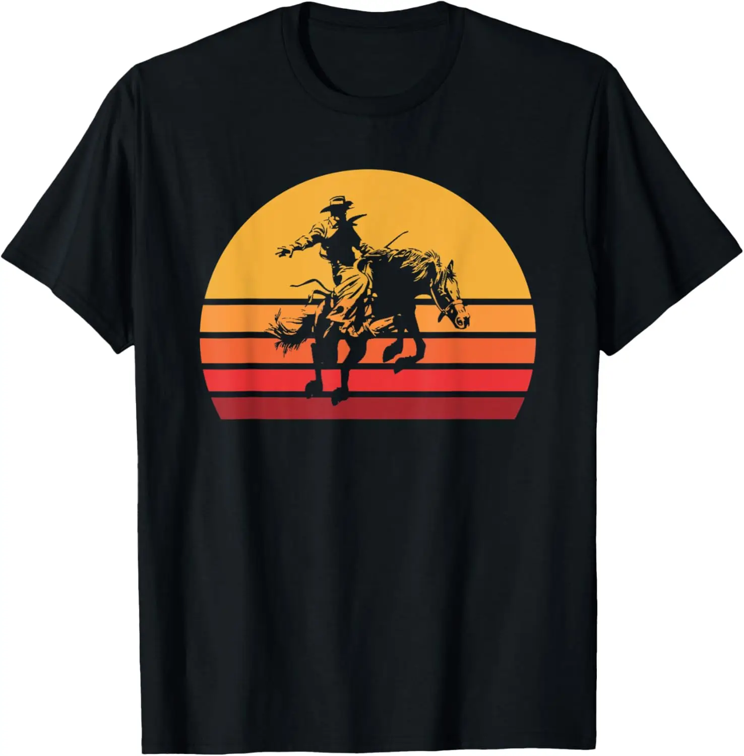 

Retro Cowboy Bronc Riding Graphic Tee Sunset Striped Western Style T-Shirt Men