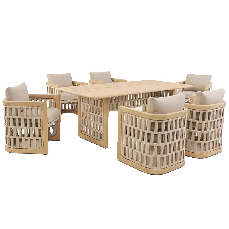 Outdoor teak rattan table and chair combination villa courtyard garden open roof leisure long table outdoor sun room furniture