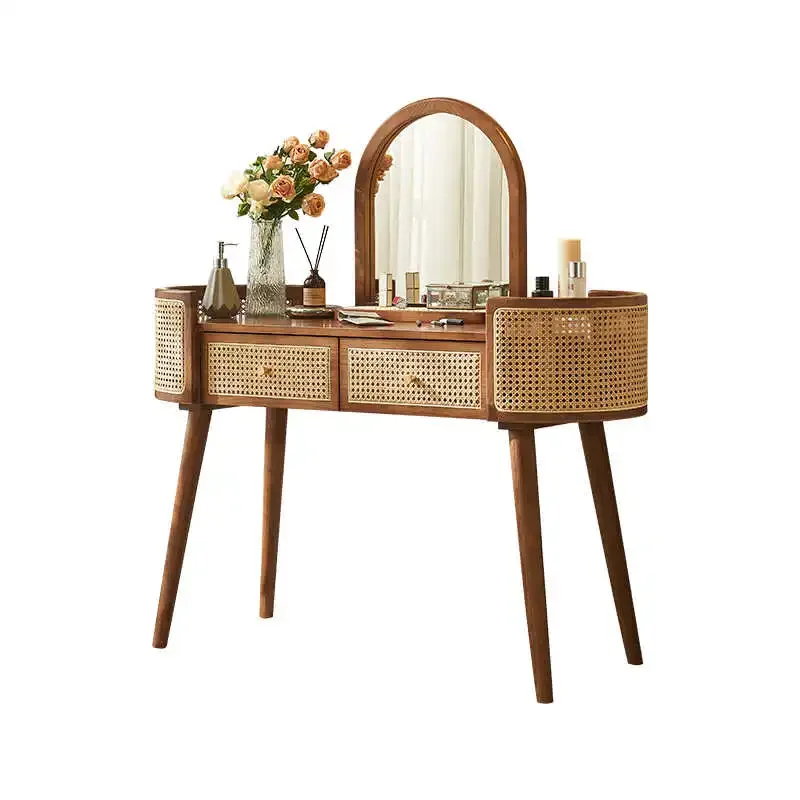 Japanese rattan dresser retro Nordic designer solid wood makeup table and chairs bedroom small apartment makeup mirror integrate