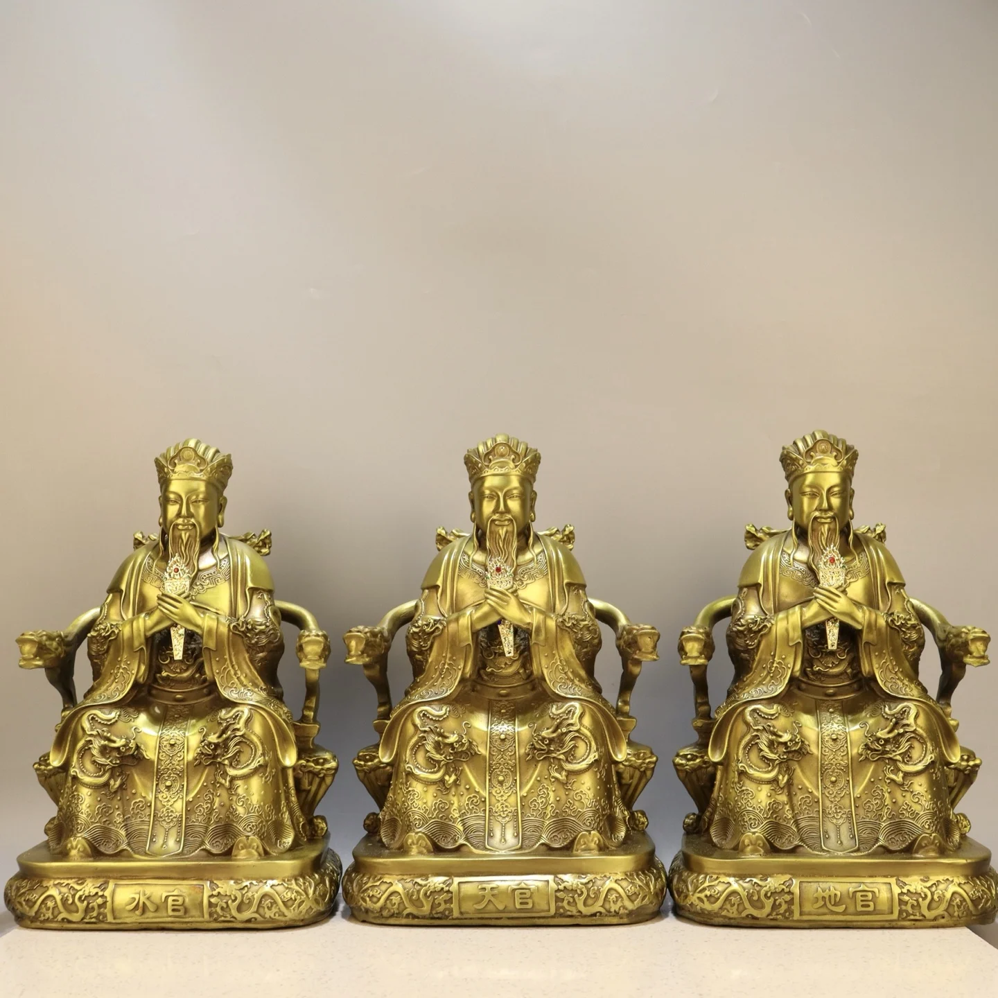 Brass high-end Precision San Guan Da Di Tian Guan Earthly Official Water official immortal Dragon Throne Sitting statue