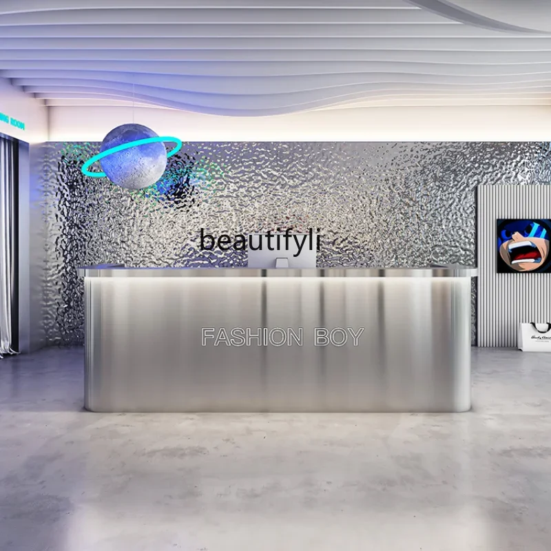 pgArc-Shaped Stainless Steel Front Desk Barber Shop Clothing Cashier Desk Advanced Bar Counter