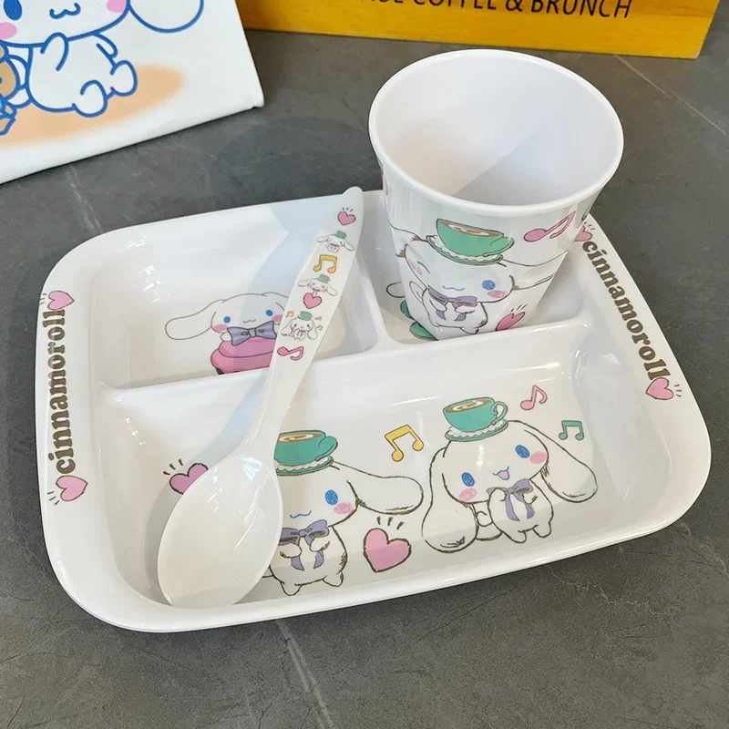 Sanrio Cinnamoroll Louça para crianças, bonito Anime Fruit Bowl, prato de molho, prato de jantar, copos crianças, bebê, melamina, pratos seguros