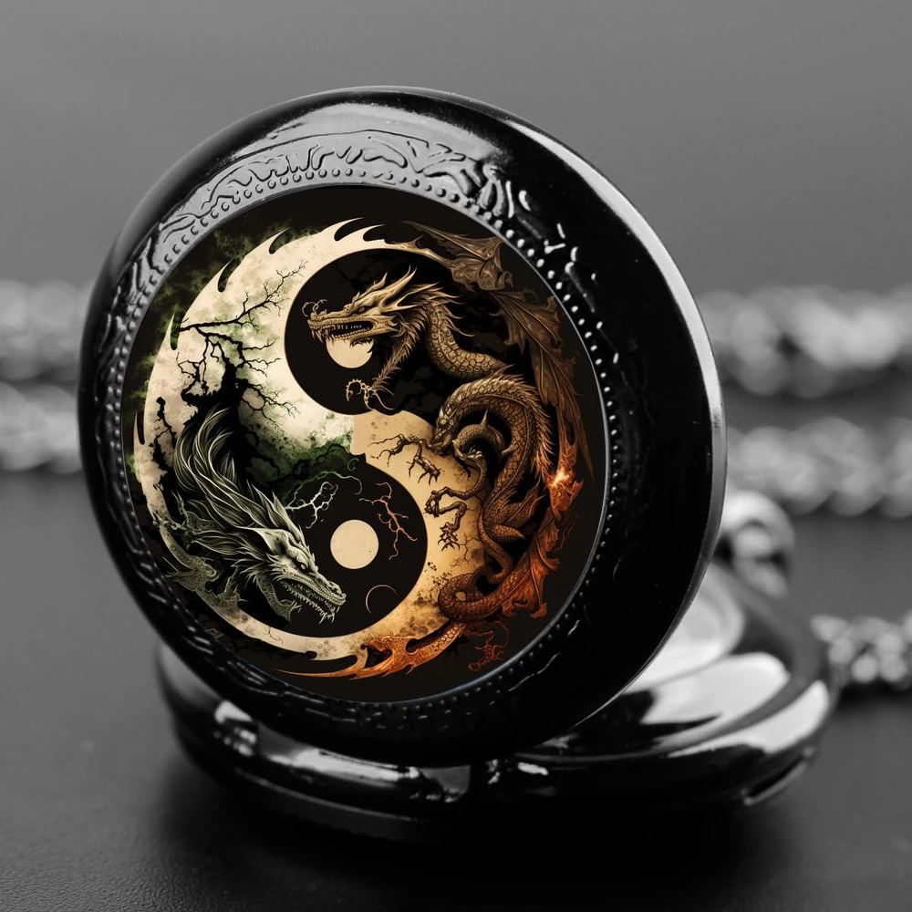 

Dragon Moon Ying and Yang Quartz Pocket Watch Women Men Black Necklace Unique Pendant Round Dial Clock Watch Gift Accessories