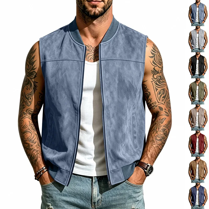 Men Suede‑Look Zip‑Up Vest, Stand Rib Collar Sleeveless With Side Pockets Casual Outerwear Waistcoat