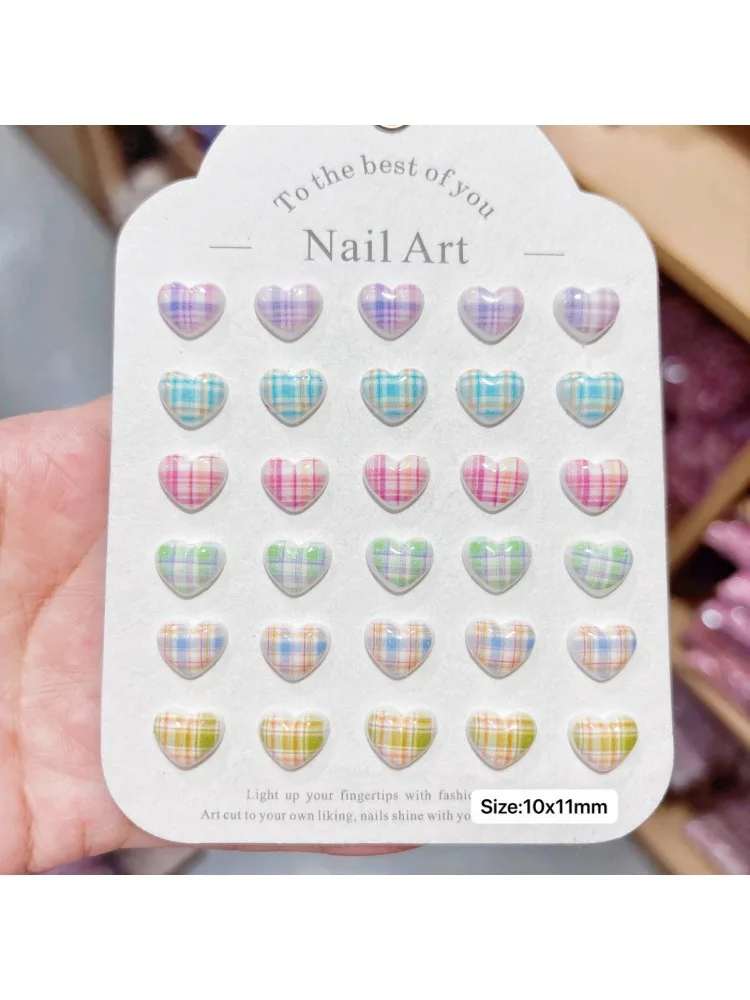 Breloques pour ongles à carreaux en forme de cœur, 100 pièces/paquet, 10 × 11mm, Nail Art 3D Sweet Girl, jolie décoration d'ongles à faire soi-même pour manucure Kawaii