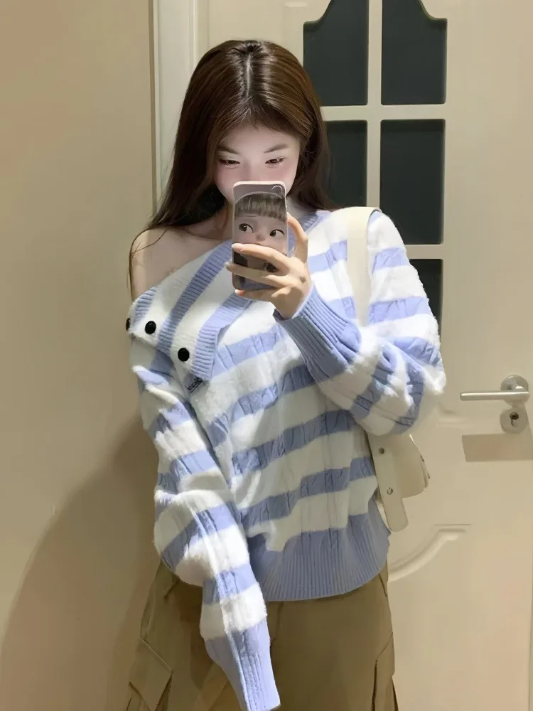 

Korean Sle Long Sve oulder Bared Sweater Women's Loose Lazy Sle High End Striped Knitted irt Autumn Winter Faion