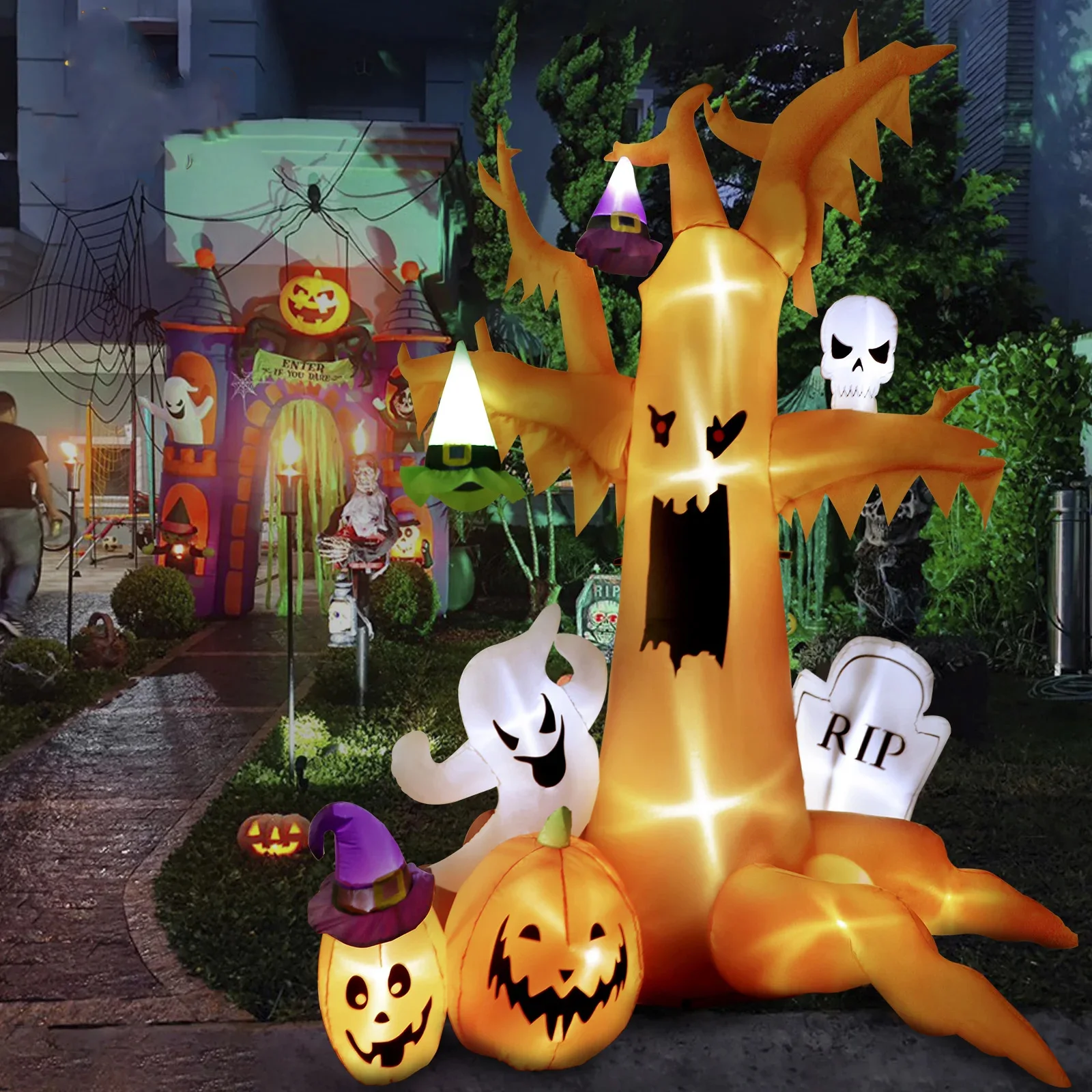 

7.8ft Inflatable Halloween Ghost Pumpkin, Tree Monster, Ghost Tree Elf Holiday Party, Garden Decoration