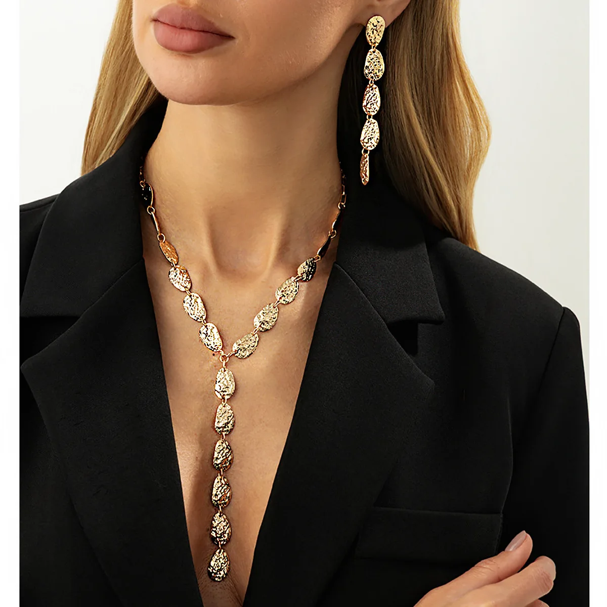 High Quality Y Shape Long Necklace Irregular Hammered Finish Metal Pendant  Cool Tone for Women