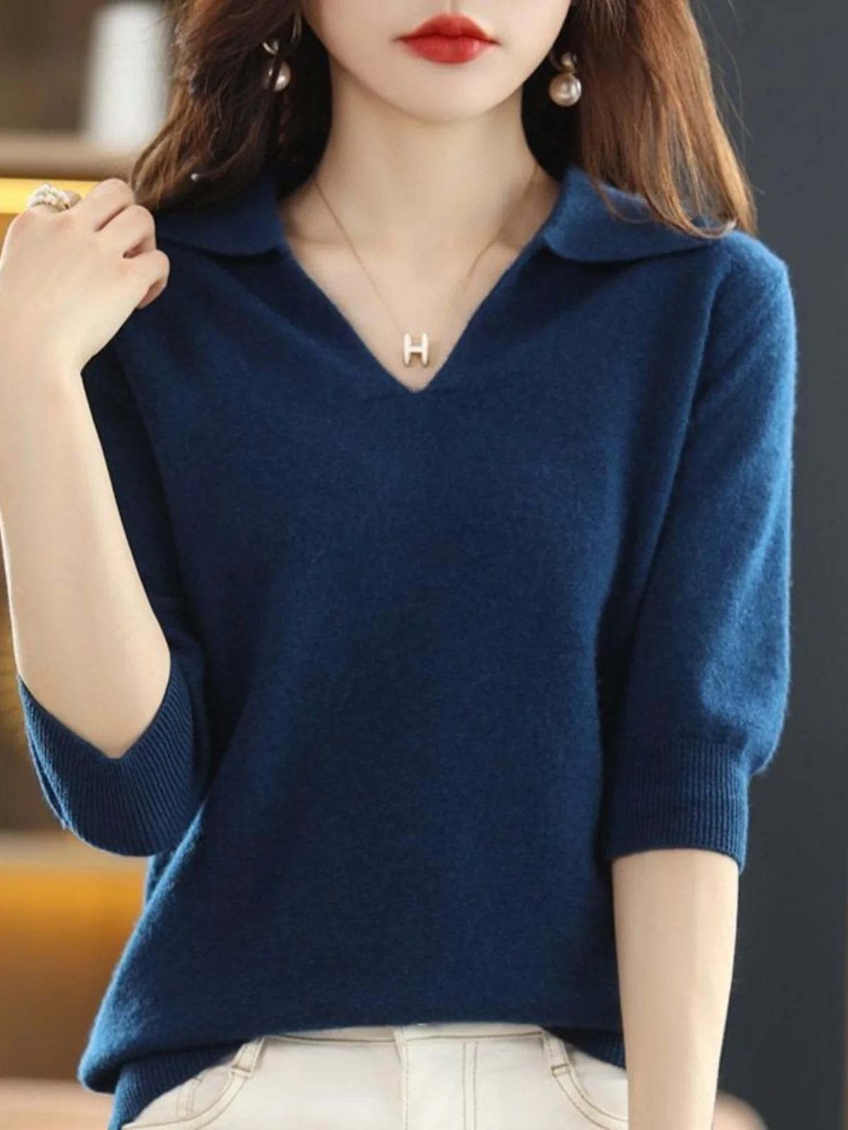 

Ice Silk V-Ne ort Sve Women's Knitted T-irt Slimming Faionable Seven-Quarter Sve Base irt Dongyaoqian Brand