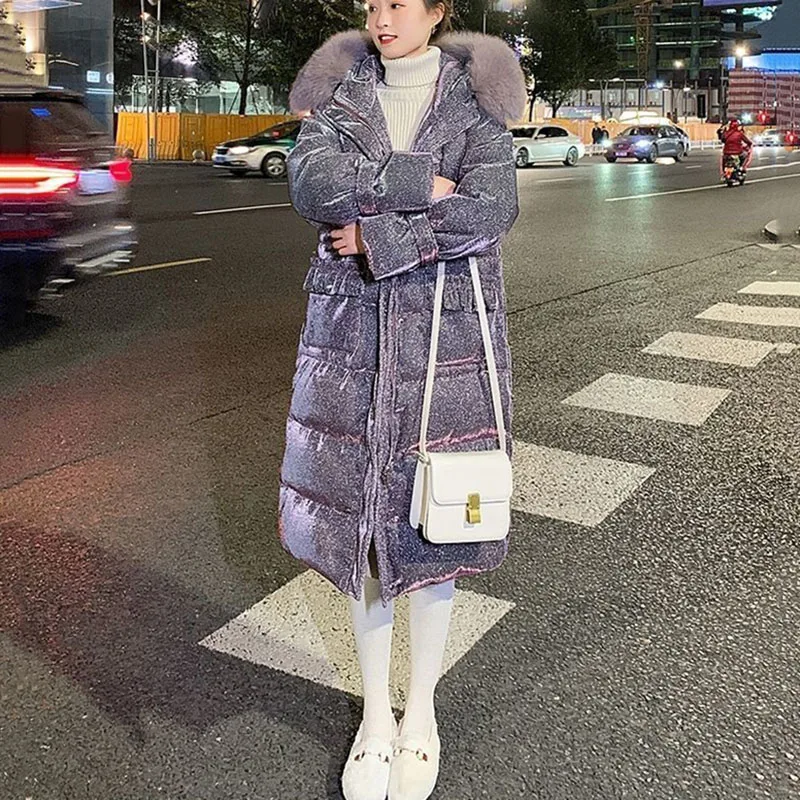 Women\'s Winter New Korean Fashion Loose Knee Over Hooded Cotton Coat with Large Down Collar