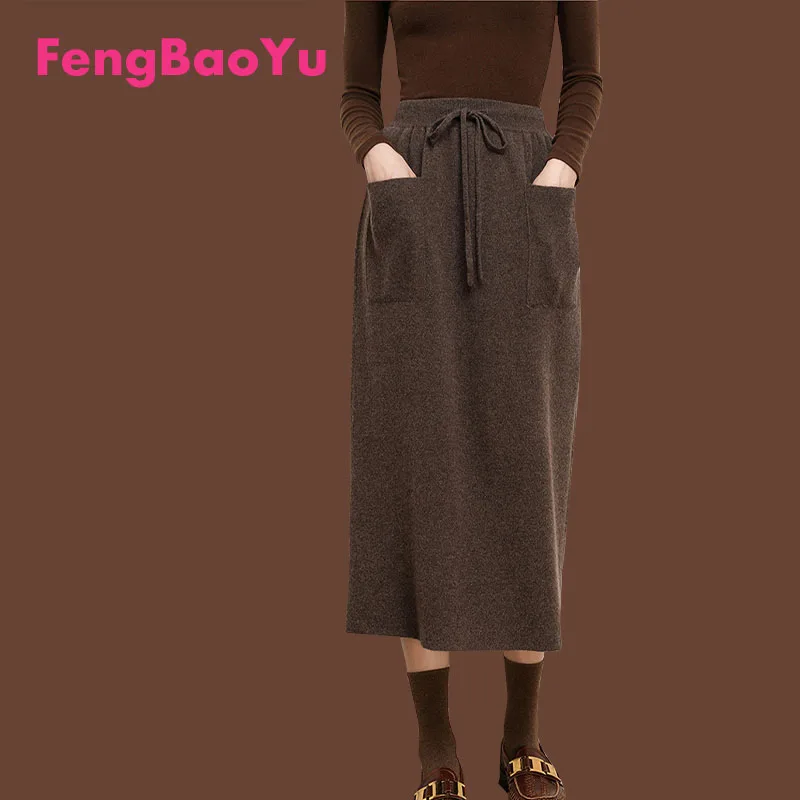 

Fengbaoyu 100% Cashmere Skirt Autumn and Winter Ladies Wool Knitted Umbrella Double Pocket Thin Loose Large Size A-line Skirt