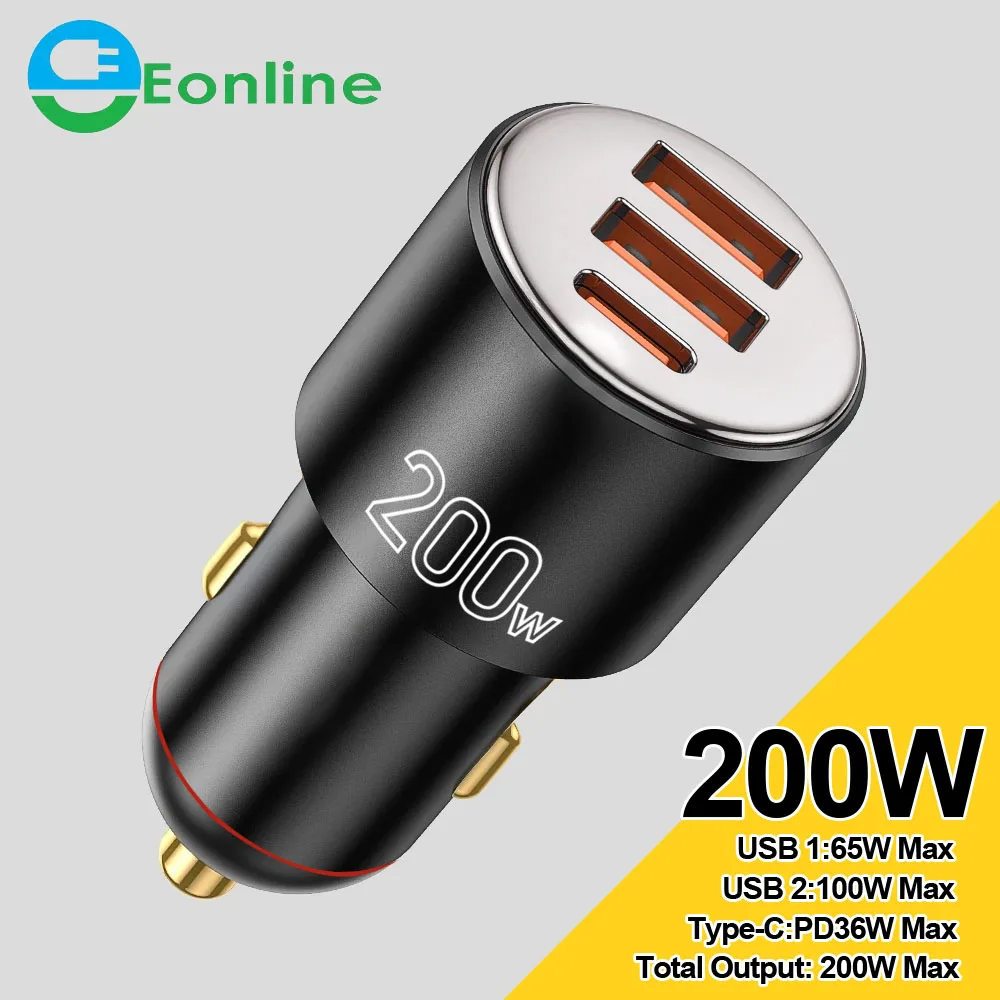 

EONLINE 200W Car Charger Fast Charging Quick Charger QC PD 3.0 For iPhone 14 Type C USB Car Charger For Samsung Laptops Tablets