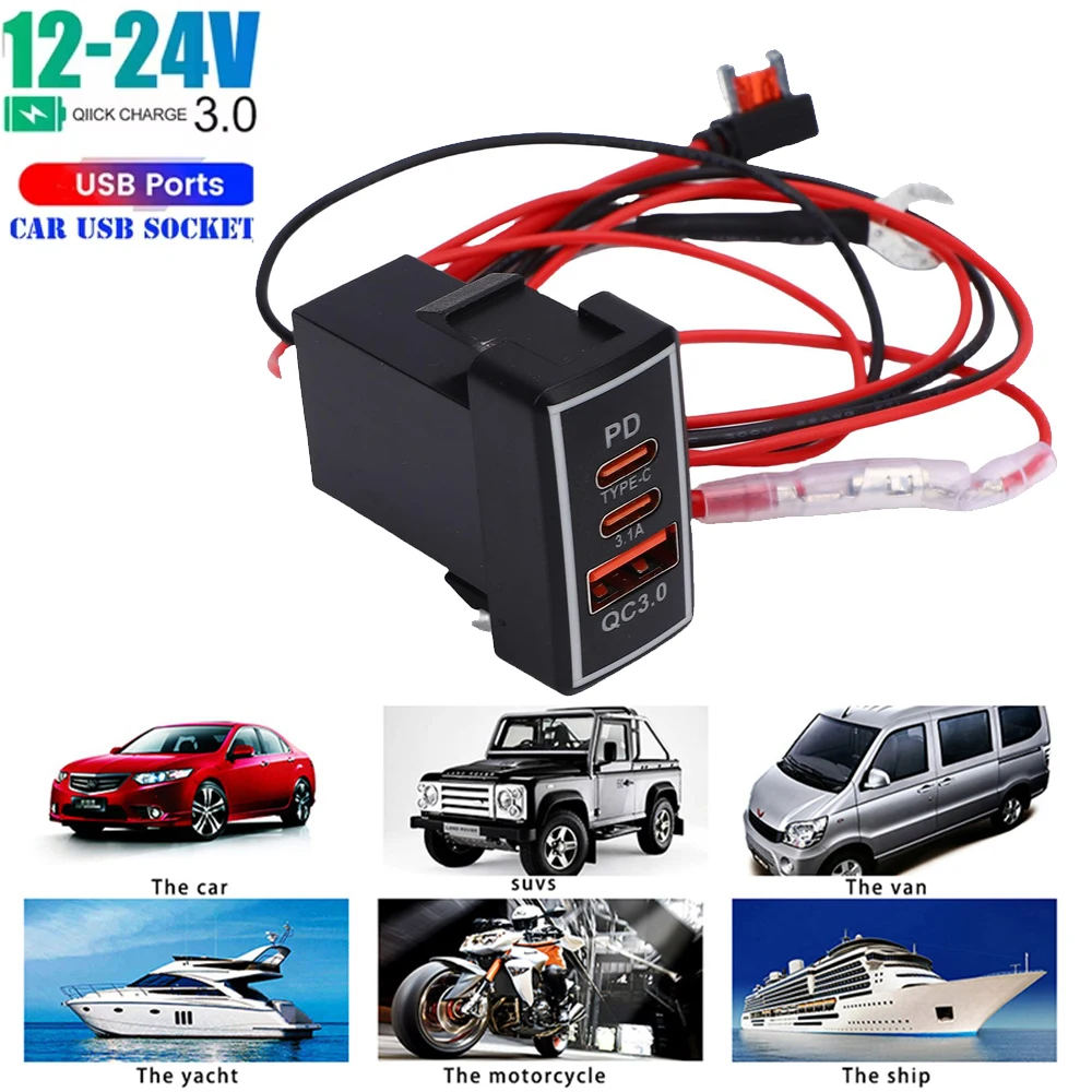 Universal Car Charger Quick Charge 3.0 & PD USB C Ports Waterproof Auto Adapter Phone Charger For Toyota Highlander Prado 120