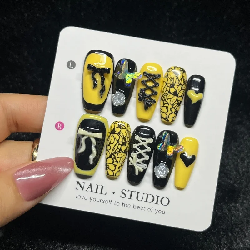 

10PCS Y2k Medium Coffin Nails Press Ons Chic Yellow Handmade 3D Buttefly Floral Decor Fake Nails Black Bow Sweet False Nail Tips