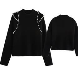 Dave&Di Winter Sweaters Minimalist Pearl Decoration Hollowed Out Turtleneck Sweater Women Pullover Top Knitwear