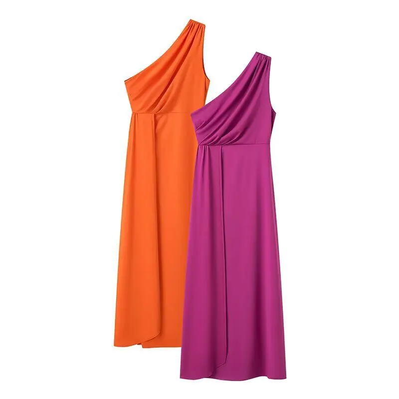 

ZBZA Women Sexy Knitted Dress Backless One-shoulder High Waist Solid Color Pleated A-line Midi Dress Spring Summer New Chic Top