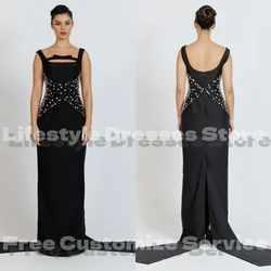 Black Satin Sleeveless Beadings Customized Evening Dress 2024 Straight Formal Party Gown Saudi Arabia Wedding Prom Dress