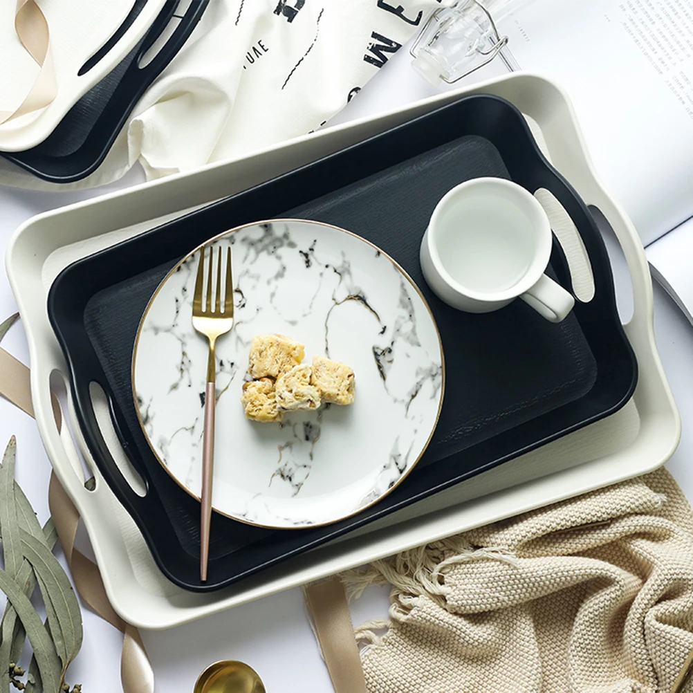 

2pcs Wooden Grain Non-Slip Plastic Serving Tray Rectangular Food Platter For Cake Fruit Bread Appetizers Party Buffet Wedding