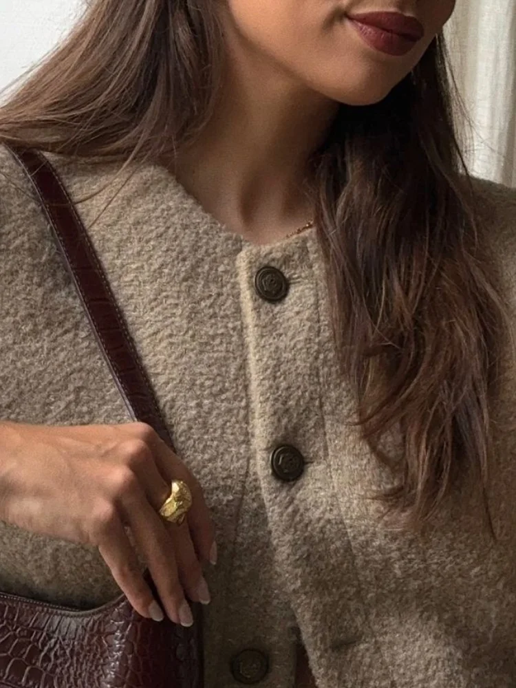 Casual Round Neck Lamb Wool Short Jacket Women Chic Brown Long Sleeve Button Slim Coat 2024 Autumn New Lady Commute Outerwear