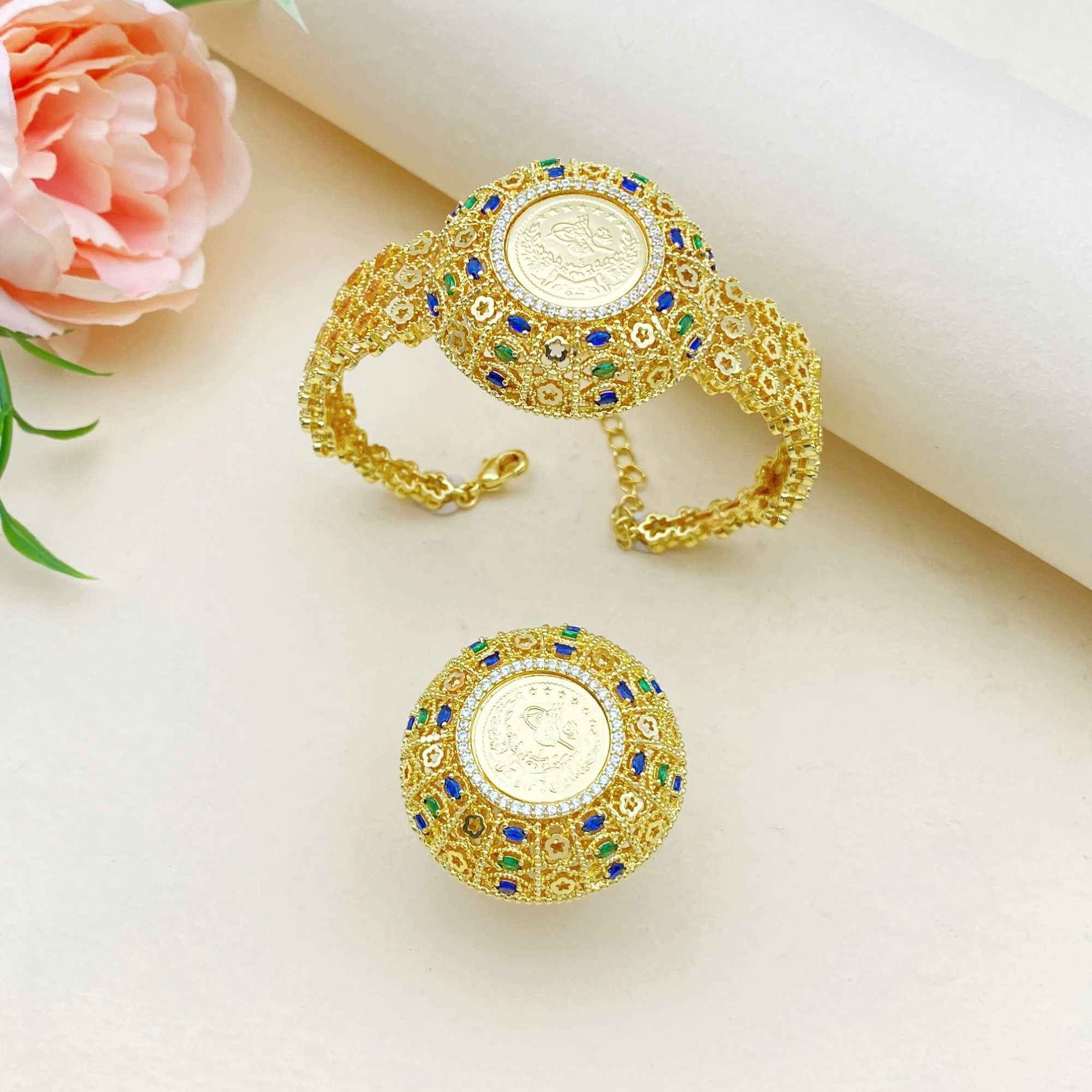 

JRH браслет коллекция ювелирных изделий винтажный модный круглый дизайн красочный циркон полый браслет кольца набор для девочек повседневная одежда