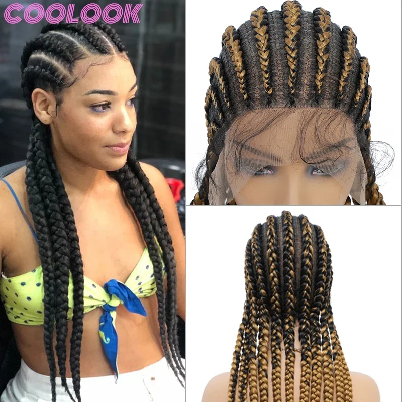 

Ombre 360 Full Lace Braided Wig 36 Inch Blond Full Lace Box Braids Wig Synthetic Knotless Box Braid Frontal Wigs for Black Women