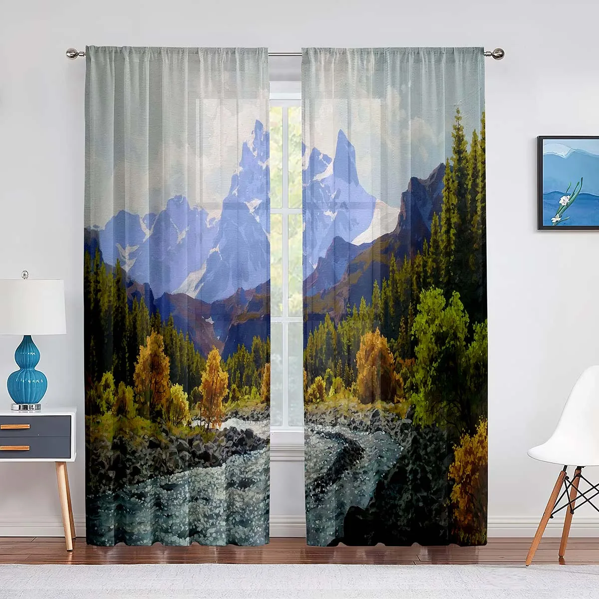 

Mountain Forest River Painting Art Tulle Curtains for Living Room Bedroom Decor Transparent Chiffon Sheer Voile Window Curtain