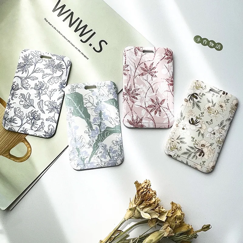 1 Pcs Simple And Fresh Flower Card Set Student Card Bus Access Protection Card Holder ABS Plastic Neck Rope Card Cover