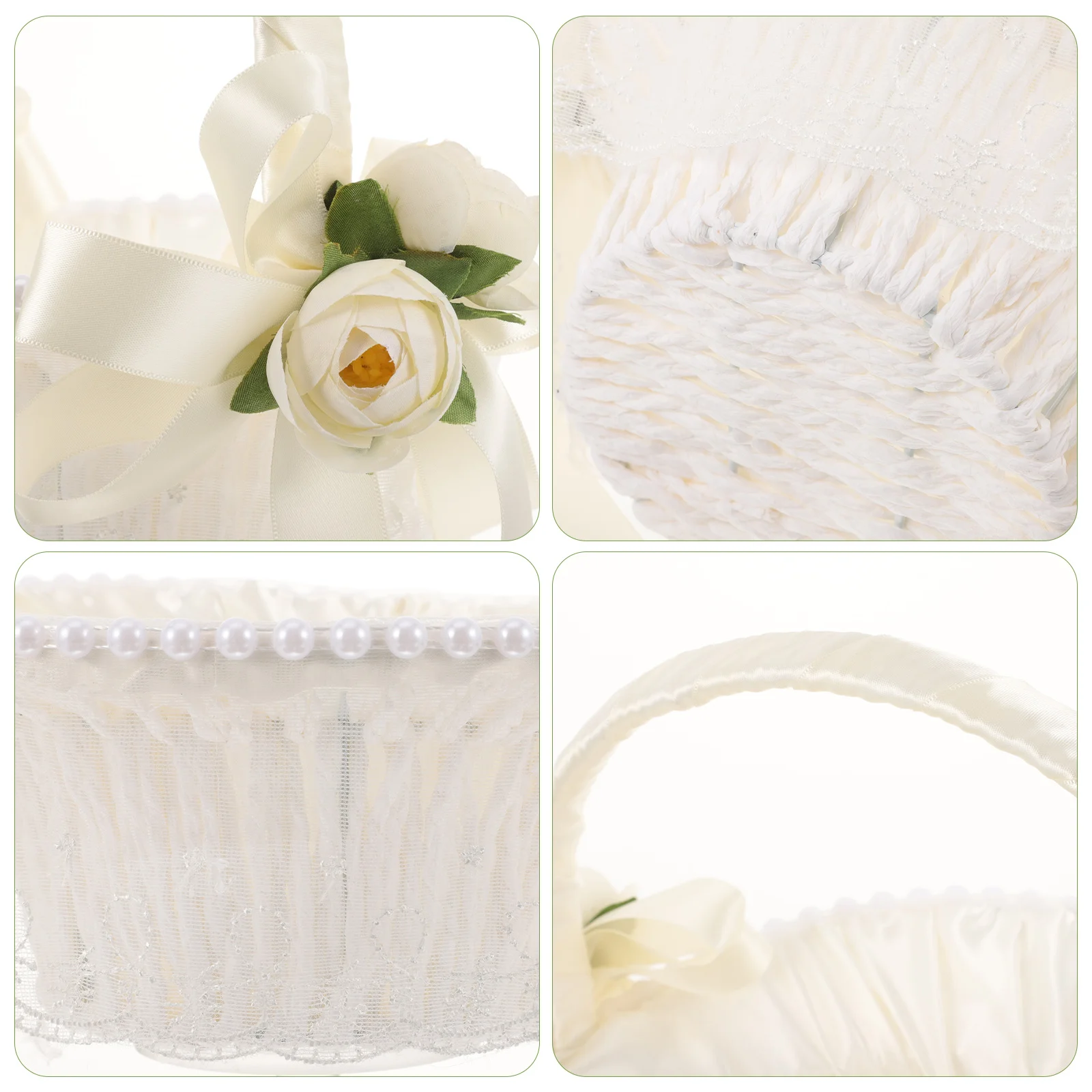 

Flower Girl Basket White Plastic Cloth Lightweight Handle Elegant Wedding Flower Basket Bowknot Decorative Wedding Party