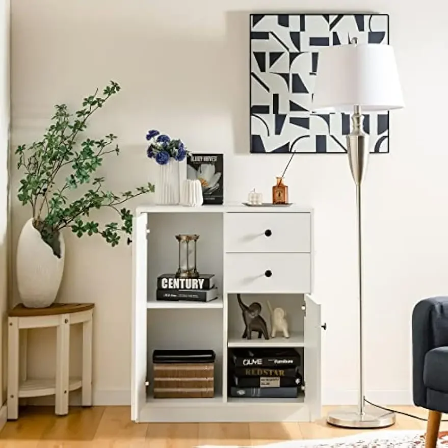 Modern White Floor Storage Cabinet, Accent Cabinet with 2 Drawers, 2 Doors, Adjustable Shelves for Home