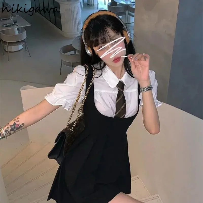 Two Piece Sets Womens Outifits Chic Sweet Summer Suit Roupas Femme Puff Sleeve White Shirts Black Strap Dress Set Y2k Clothes