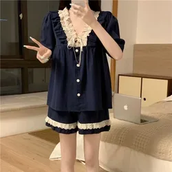 Lace Sleepwear Shorts Women V-neck Pajamas Sets Summer Ruffles Piiama Korean Button Night Wears 2 Pieces Home Suit  Pyjamas 2024