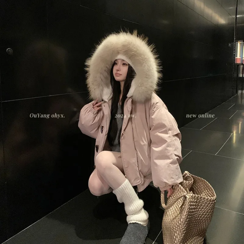 Retro-Hornknopf, großer Pelzkragen, Baumwolljacke mit Kapuze, kurze, dicke, warme Winter-Arbeitskleidung für Damen, überwindende Y2K-Brotjacke