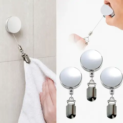1/2/3/5pc No Punch Self Adhesive Retractabl Towel Rack Wall Mount Towel Holder Auto Rebound Design with Strong Clip for Bathroom