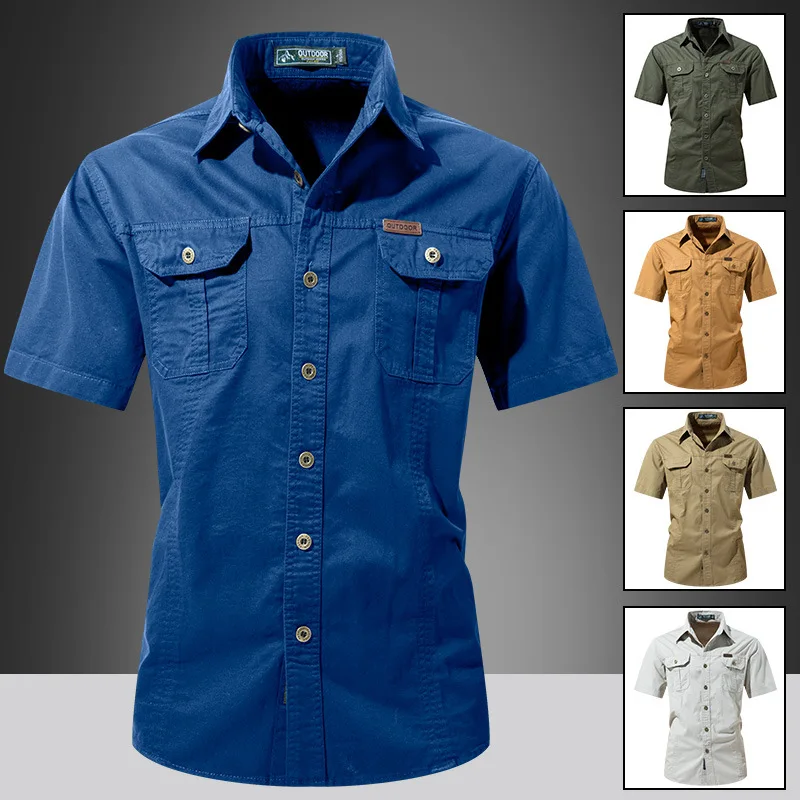 Summer New Short Sleeve Shirt Men's Shirt Tooling Outdoor Loose Casual Multi-Pocket Men's Top Half Sleeve