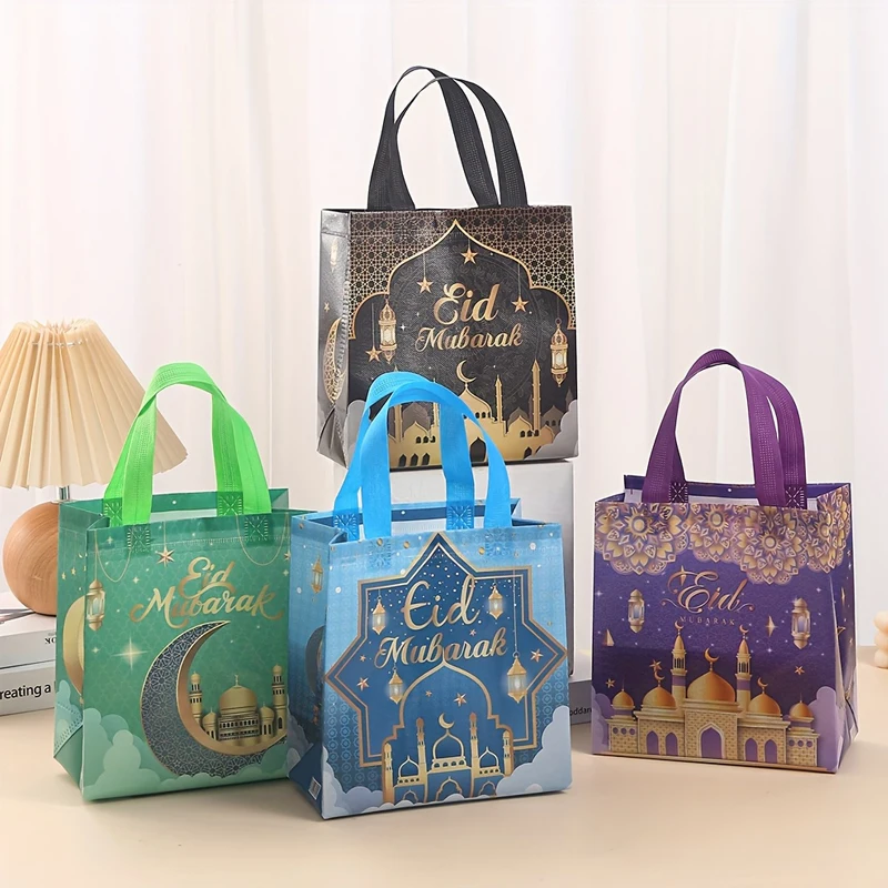 

12pcs Ramadan Kareem Nonwoven Tote Bag Eid Mubarak Printed Waterproof Packaging Bag Ramadan Muslim Islamic Party Decor
