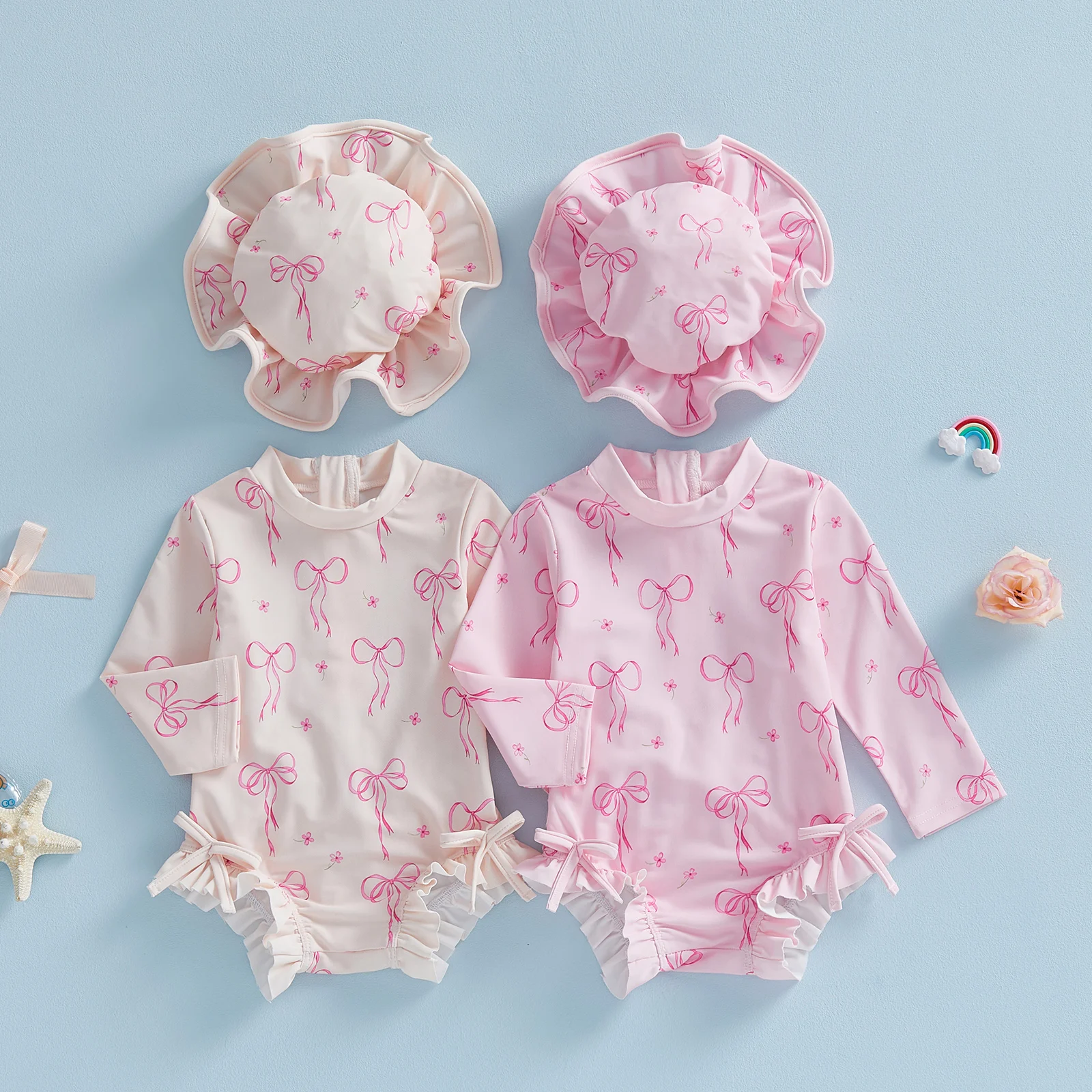 Toddler Baby Girl Rash Guard Swimsuit Bow Print Ruffled Long Sleeve Round Neck Beachwear Jumpsuit and Hat Swimwear 2Pcs Set