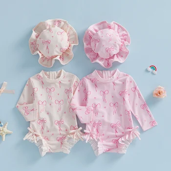 Toddler Baby Girl Rash Guard Swimsuit Bow Print Ruffled Long Sleeve Round Neck Beachwear Jumpsuit and Hat Swimwear 2Pcs Set