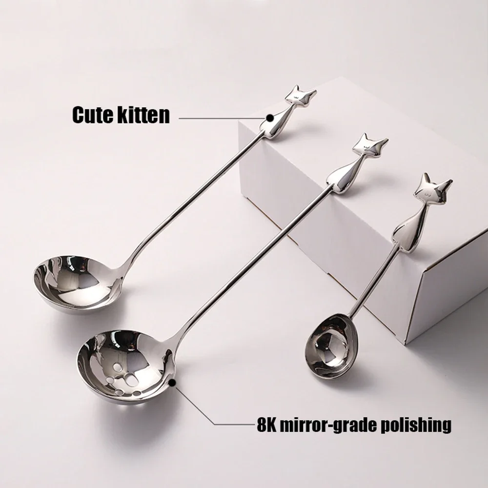 

Cute Cat Shaped Stainless Steel Soup Spoon and Strainer, Ice Cream Scoop Ideal for Home, Hot Pot and Making Ice Cream Balls
