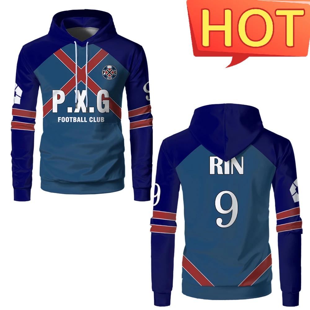 Paris X Gen Blue Lock Sweatshirts Anime P.X.G Jersey Uniforme de Football No.9 Rin Shidou Cosplay Sweats à capuche Survêtement Personnalisé Hauts
