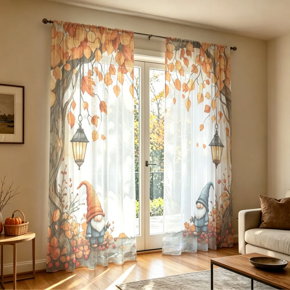 2PCS Thanksgiving Fall Sheer Curtains, Gnome Tree Leaf, Digital Print, Bedroom Living Room, Rod Pocket Polyester, Home Decor