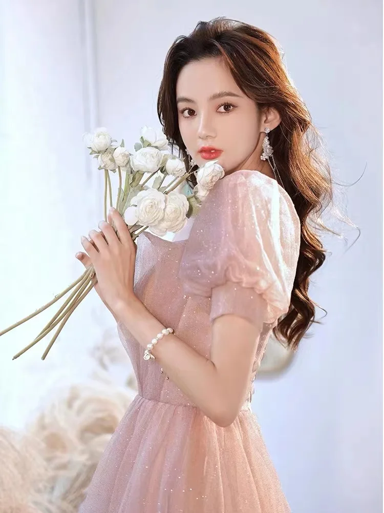 Abiti da sera lunghi rosa Maniche a sbuffo di lusso Colletto quadrato A-Line Lunghezza pavimento Elegante banchetto Abiti da ballo formali per celebrità