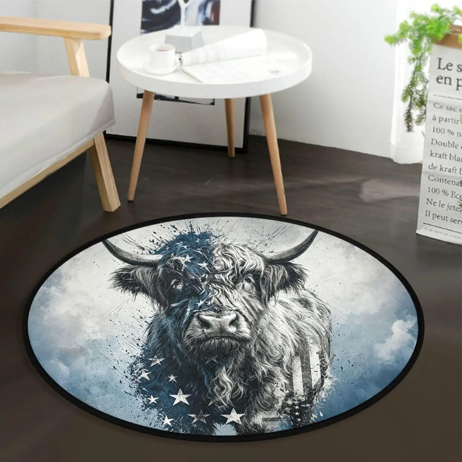 Highland Cow American Flag Round Pet Mat Sponge Rug Bathroom Doormat Rustic Farmhouse Decor Area Carpet Gift