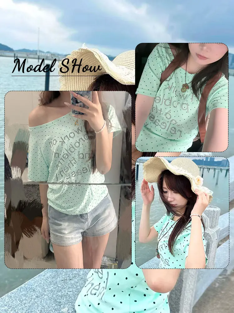Korean Japanese style mint green polka dot letter print one-shoulder short sleeve t-shirt for women, new summer pure desire off-