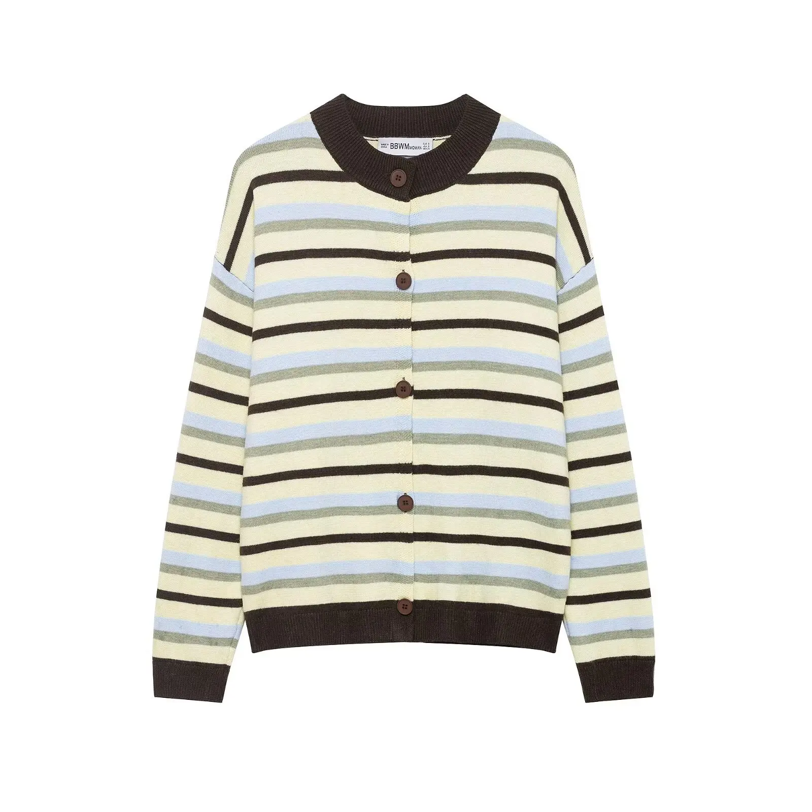 

Европейский и американский стиль: новая коллекция весна 2026 – повседневный универсальный кардиган с круглым вырезом, длинными рукавами и контрастными полосками, вязаный.