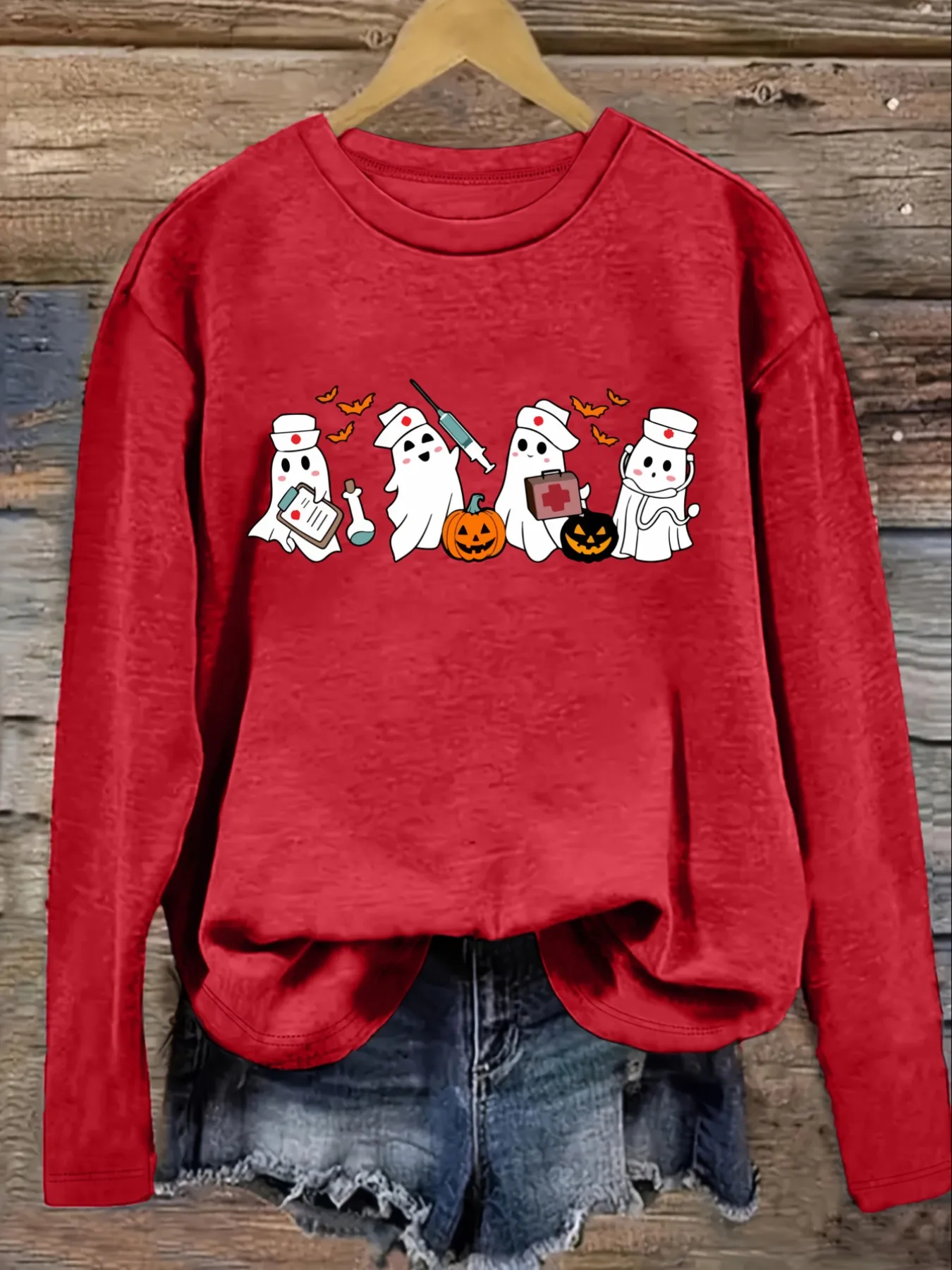 Women's Casual Long Sleeve Crew Neck T-Shirt Cute Ghost Nurse Halloween Print Design, Round Neck Women's Clothing, Machine Washable, Slightly Elastic, Loose Fit, Spring Autumn Winter Women's T-Shirt, Halloween Costume Outfit view 4