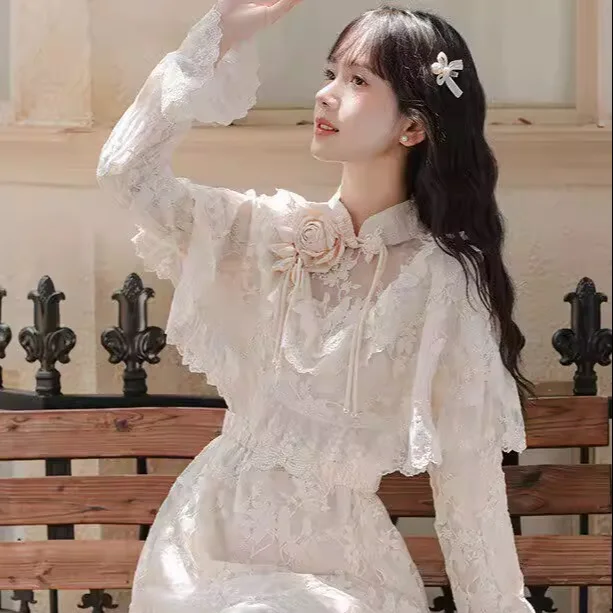 

Retro Lace Wedding Dress Princess Style Long Sleeve Ball Gown for Engagement And Marriage Registration
