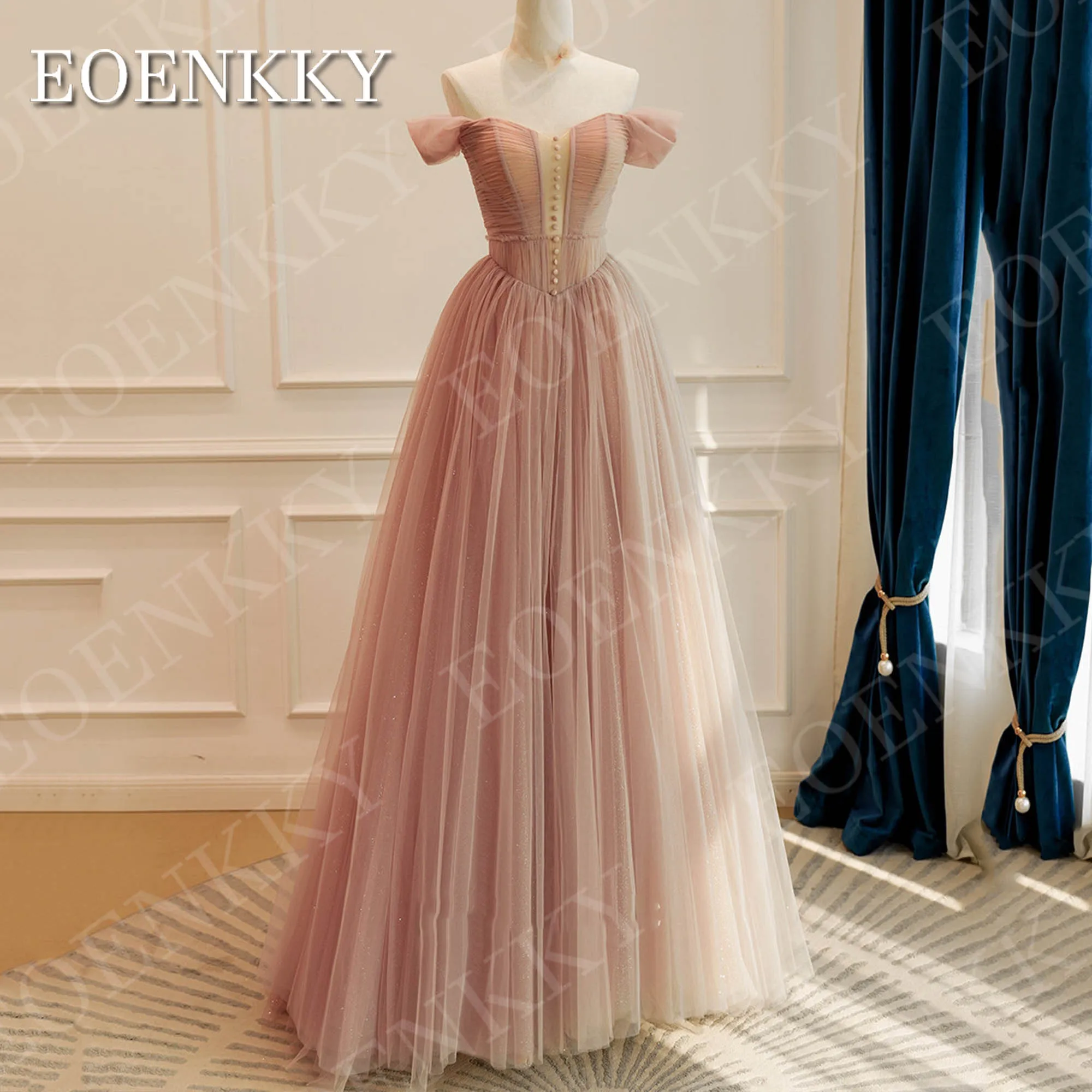 

EOENKKY Elegant A Line Prom Dresses Off Shoulder Formal Occasions Sparkly Tulle Ruffled Evening Party Dress Customized 이브닝드레스